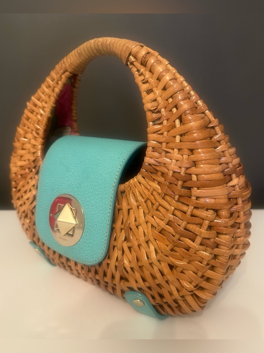 Kate Spade Wicker Mini Santiago Plantation Handbag Bag Blue Crescent Turn Lock